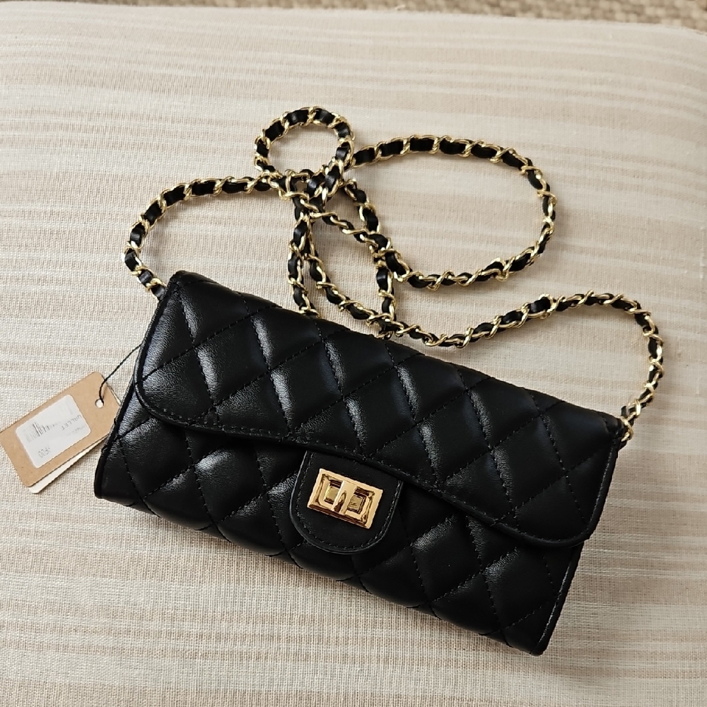 Black Quilted Chain Shoulder/ Crossbody Bag/ Wallet with Turnlock